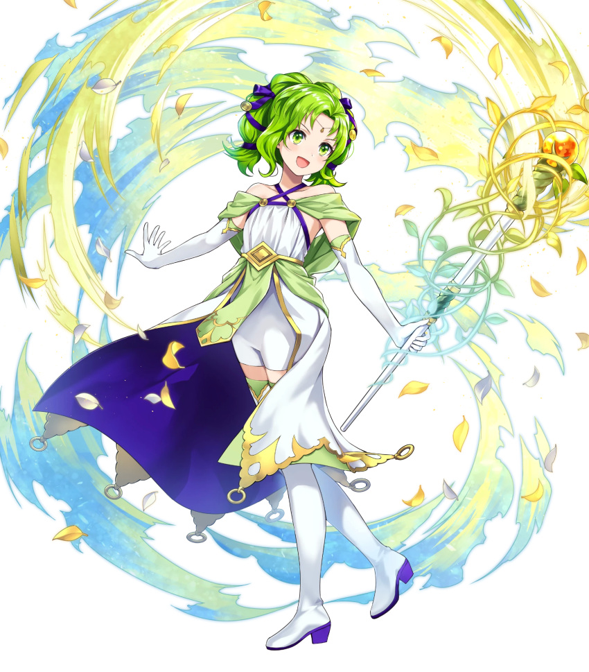 1girl amagai_tarou bangs bare_shoulders blush boots collarbone criss-cross_halter dress elbow_gloves fire_emblem fire_emblem:_the_sacred_stones fire_emblem_heroes full_body gloves green_eyes green_hair hair_ornament halterneck highres holding jewelry l'arachel_(fire_emblem) long_hair looking_away official_art open_mouth petals shiny shiny_hair sleeveless smile solo staff thigh-highs thigh_boots tied_hair transparent_background white_footwear white_gloves