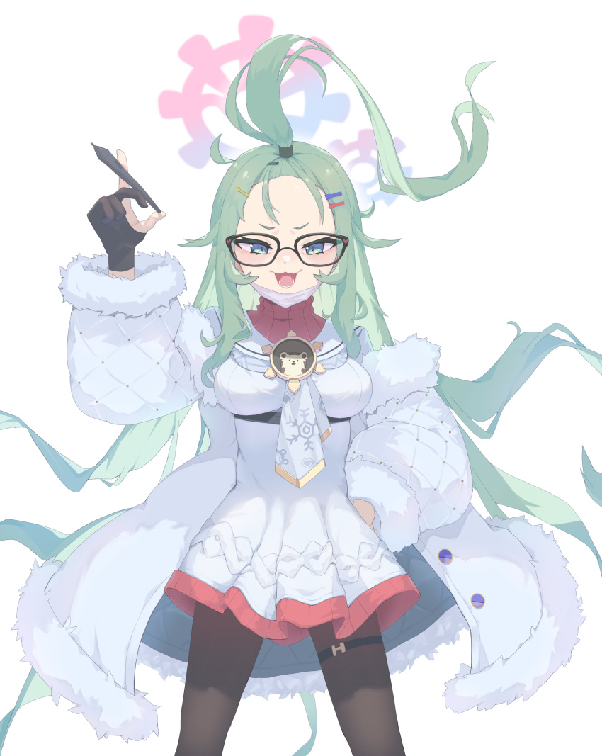 1girl :d absurdres bangs_pinned_back belt black_pantyhose blue_archive coat commentary_request forehead fur-trimmed_coat fur_trim gari_gari_1 glasses green_eyes green_hair hair_ornament hairclip halo hand_on_own_hip highres holding holding_pen long_hair long_sleeves looking_at_viewer mask mask_removed meru_(blue_archive) mouth_mask open_clothes open_coat pantyhose pen school_uniform serafuku sidelocks simple_background smile solo spread_legs standing surgical_mask sweater thigh_belt thigh_strap turtleneck turtleneck_sweater white_background white_coat winter_clothes winter_coat
