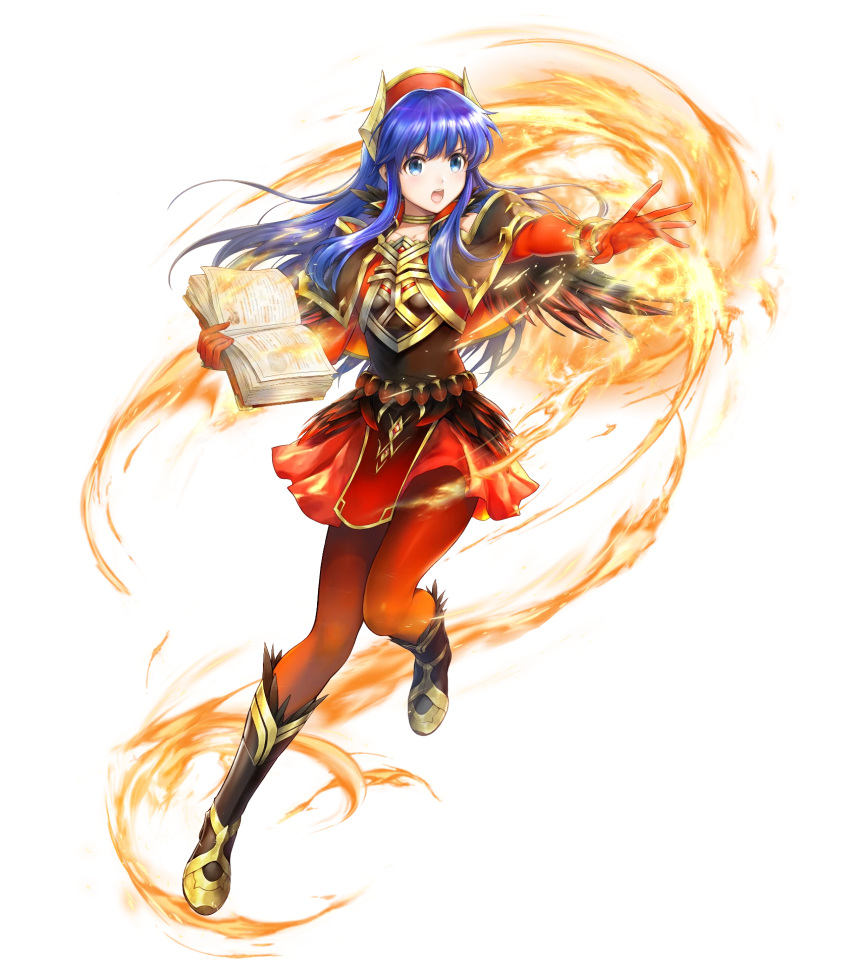 1girl alternate_costume armor bangs bare_shoulders blue_eyes blue_hair boots bracelet elbow_gloves feather_trim fire_emblem fire_emblem:_the_binding_blade fire_emblem_heroes full_body gloves gold_trim gradient gradient_clothes hat highres jewelry lilina_(fire_emblem) long_hair miniskirt official_art pantyhose red_gloves red_skirt shiny shiny_hair shiny_skin skirt solo yamada_koutarou