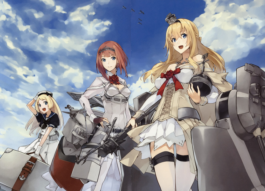 3girls :d ark_royal_(kancolle) arrow_(projectile) ass_visible_through_thighs bangs blonde_hair blue_eyes blue_sailor_collar blunt_bangs bob_cut bow_(weapon) braid brown_gloves cleavage_cutout clothing_cutout corset cowboy_shot crown dress fingerless_gloves flower french_braid garter_straps globus_cruciger gloves hair_between_eyes hairband hat highres holding holding_suitcase jervis_(kancolle) jewelry kantai_collection konishi_(koconatu) long_hair long_sleeves luggage machinery mini_crown multiple_girls necklace off-shoulder_dress off_shoulder official_art open_mouth overskirt pantyhose peaked_cap red_flower red_ribbon red_rose redhead ribbon rose sailor_collar sailor_dress sailor_hat scan scan_artifacts scepter short_hair shorts sky smile suitcase thigh-highs throne tiara tilted_headwear tsurime turret warspite_(kancolle) weapon white_corset white_dress white_gloves white_headwear white_legwear white_shorts