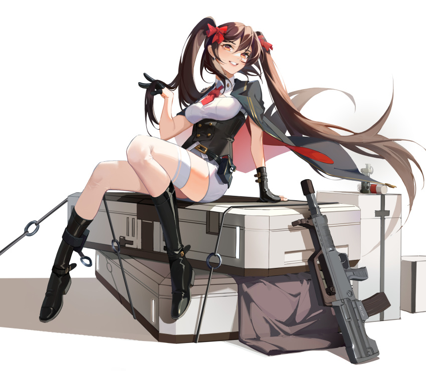 1girl absurdres assault_rifle black_footwear black_hair boots breasts brown_eyes bullpup buttons double-breasted double_bun girls_frontline gun highres long_hair miniskirt qbz-97_(girls_frontline) qsihsin rifle shirt sitting skirt small_breasts solo thigh-highs twintails underbust very_long_hair weapon white_legwear white_shirt white_skirt