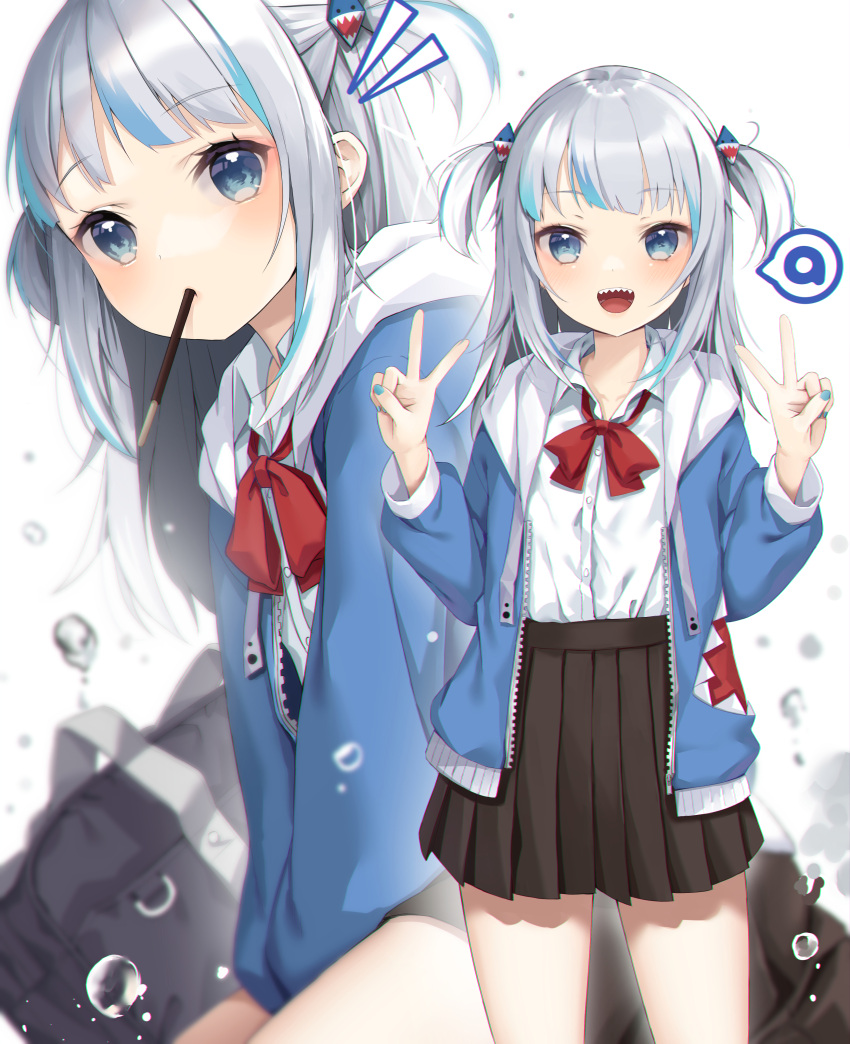 1girl :d absurdres amahara_pekozaemon bag bangs black_skirt blue_eyes blue_hair blue_jacket blue_nails blush collarbone collared_shirt commentary_request double_v dress_shirt eyebrows_visible_through_hair food food_in_mouth gawr_gura grey_hair highres hololive hololive_english hood hood_down hooded_jacket jacket long_hair long_sleeves mouth_hold multicolored_hair multiple_views nail_polish notice_lines open_clothes open_jacket open_mouth pleated_skirt pocky school_bag school_uniform sharp_teeth shirt skirt smile streaked_hair teeth two_side_up v virtual_youtuber white_shirt