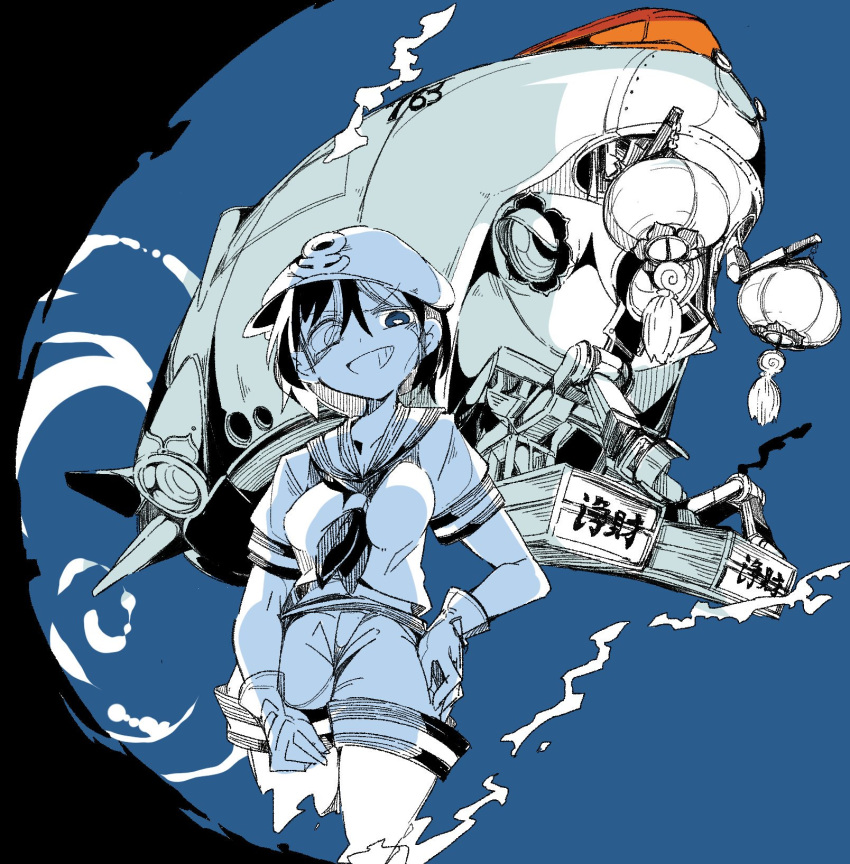 1girl anchor anchor_symbol blue_background eyebrows_visible_through_hair full_body ghost_tail gloves hand_on_hip hat highres looking_at_viewer ma_sakasama murasa_minamitsu sailor sailor_collar sailor_hat short_hair short_sleeves shorts simple_background smile solo submarine touhou v-shaped_eyebrows watercraft