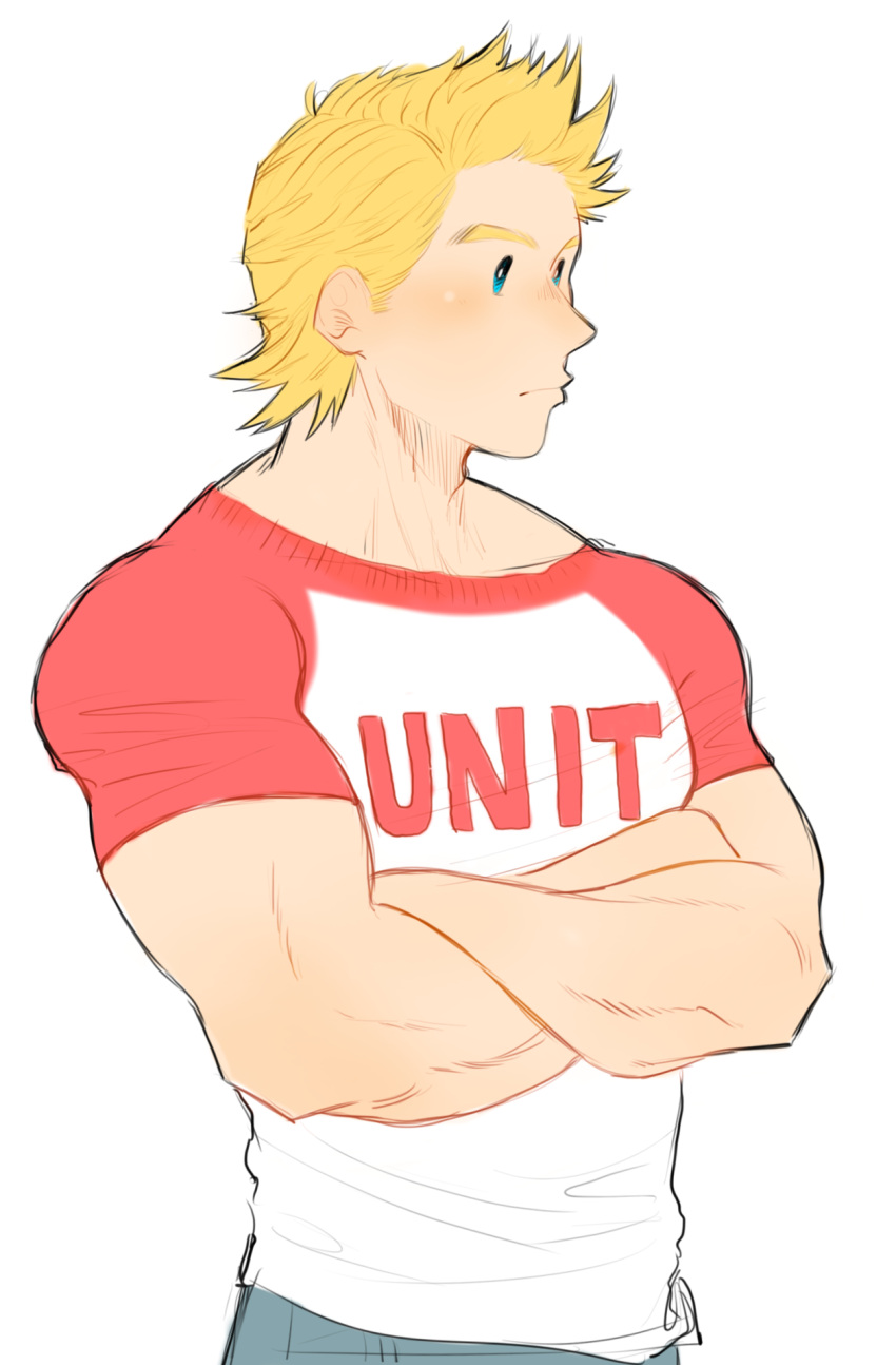 1boy alternate_costume artist_request blonde_hair blue_eyes blush boku_no_hero_academia casual check_artist crossed_arms denim highres jeans looking_to_the_side lovemiriotogata male_focus pants pectorals shirt short_hair sideburns solo spiky_hair togata_mirio toned toned_male white_shirt