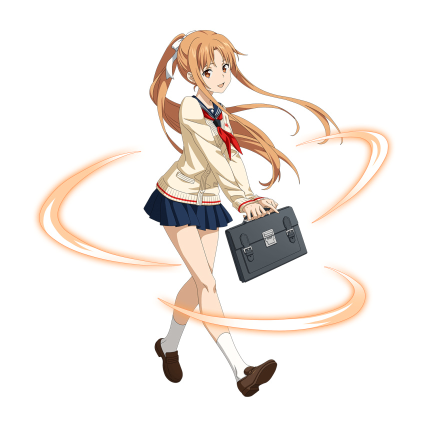 1girl :d alternate_costume asuna_(sao) bag bangs blue_sailor_collar blue_skirt bow brown_eyes brown_footwear brown_hair cardigan floating_hair full_body hair_bow highres holding loafers long_hair long_sleeves looking_at_viewer miniskirt neckerchief official_art open_mouth pleated_skirt ponytail red_neckwear sailor_collar shiny shiny_hair shoes sidelocks skirt smile solo standing sword_art_online sword_art_online:_memory_defrag transparent_background very_long_hair white_bow white_cardigan white_legwear