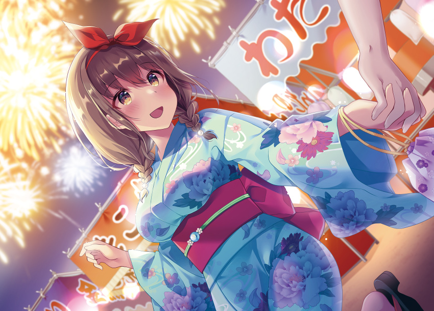 1girl :d aerial_fireworks bangle bangs black_footwear blue_kimono blurry blurry_background blush bracelet braid breasts brown_eyes brown_hair commentary_request depth_of_field dutch_angle eyebrows_visible_through_hair fireworks floral_print hair_between_eyes hair_over_shoulder hair_ribbon highres holding_hands interlocked_fingers japanese_clothes jewelry kimono large_breasts long_hair long_sleeves night obi open_mouth original out_of_frame outdoors print_kimono red_ribbon ribbon sash shiro_kuma_shake smile solo_focus standing standing_on_one_leg summer_festival twin_braids wide_sleeves yukata zouri