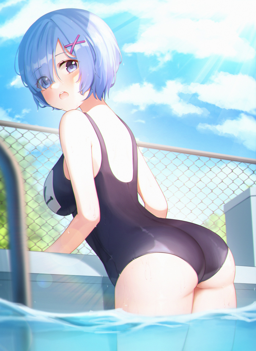1girl absurdres ass blue_eyes blue_hair blue_swimsuit bob_cut breasts clouds cloudy_sky highres huge_filesize large_breasts looking_at_viewer name_tag nani_(goodrich) one-piece_swimsuit outdoors poolside re:zero_kara_hajimeru_isekai_seikatsu rem_(re:zero) school_swimsuit short_hair sky solo swimsuit thighs water wet wet_clothes wet_swimsuit