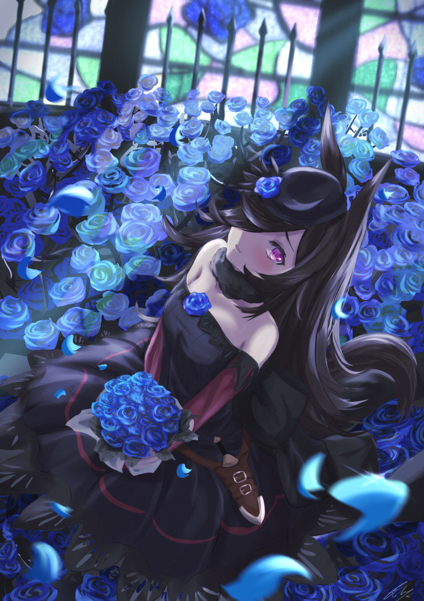 1girl absurdres animal_ears bangs bare_shoulders black_dress black_hair black_headwear blue_flower blue_rose blush bouquet breasts commentary_request dagger dress flower hair_over_one_eye hat hat_flower highres holding holding_bouquet horse_ears horse_girl horse_tail koh_kaede long_hair long_sleeves looking_at_viewer off-shoulder_dress off_shoulder parted_lips rice_shower_(umamusume) rose small_breasts solo stained_glass tail tilted_headwear umamusume very_long_hair violet_eyes weapon