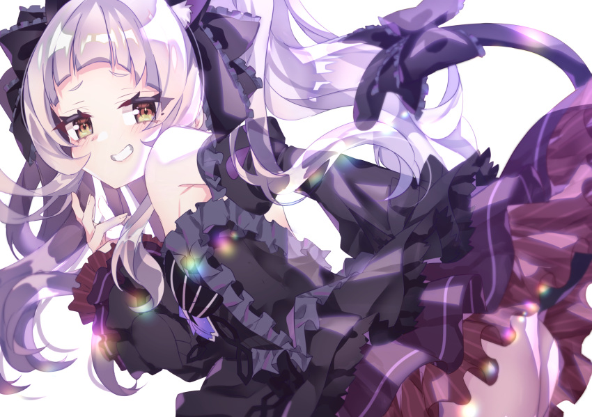 1girl animal_ears armpits bangs blunt_bangs blush bow brooch cat_ears cat_girl cat_tail center_frills chierishu detached_sleeves dress dress_bow frilled_dress frilled_ribbon frills gothic_lolita grin hair_ribbon highres hololive jewelry layered_dress lolita_fashion long_hair looking_at_viewer murasaki_shion ribbon short_dress short_eyebrows silver_hair sleeveless sleeveless_dress smile solo tail tail_bow tail_ornament two_side_up virtual_youtuber yellow_eyes