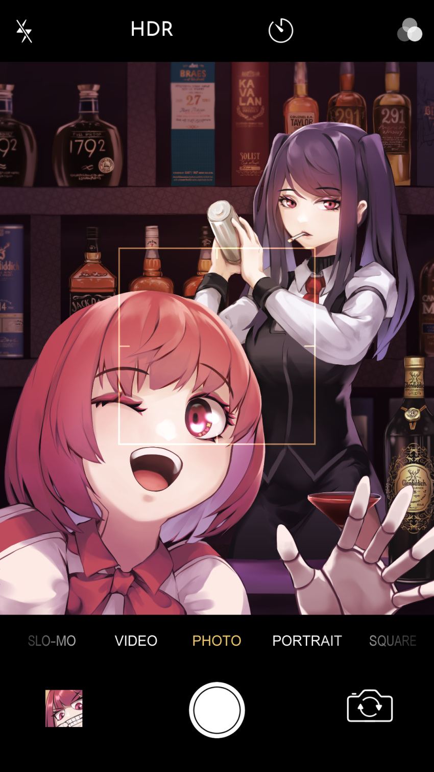 2girls akawoud alcohol android bar bartender bottle camera cellphone cigarette cocktail_shaker dorothy_haze highres jack_daniel's jill_stingray mechanical_arms multiple_girls phone pink_hair purple_hair red_eyes selfie smartphone twintails va-11_hall-a whiskey wine_bottle