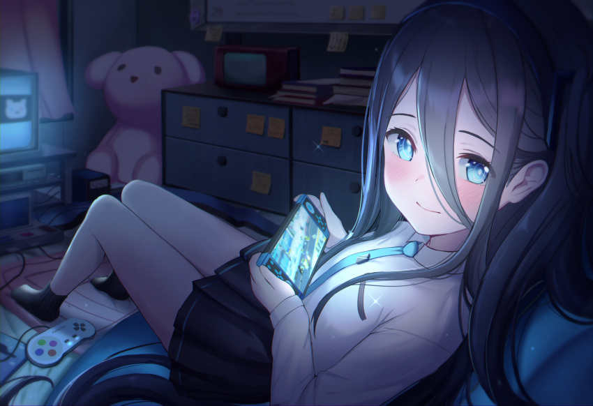 1girl arisu_(blue_archive) bean_bag_chair black_hair black_legwear black_skirt blue_archive blue_eyes closed_mouth collared_shirt commentary controller game_console gamecube hair_between_eyes highres indoors knees_together_feet_apart long_hair looking_at_viewer moshi_imo ooyodo_(kancolle) pleated_skirt shirt sidelocks sitting skirt smile socks solo sticky_note stuffed_animal stuffed_toy television white_shirt