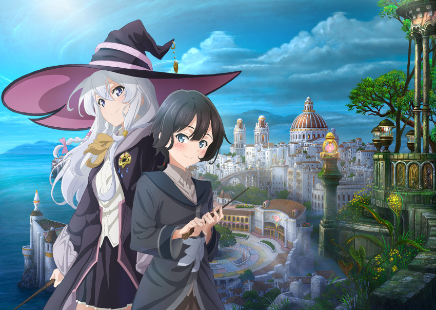 2girls architecture artist_request black_hair black_headwear black_jacket black_skirt blue_eyes blush clouds cloudy_sky elaina_(majo_no_tabitabi) flower hat highres jacket key_visual lantern long_hair majo_no_tabitabi multiple_girls ocean official_art saya_(majo_no_tabitabi) shirt short_hair skirt sky tree violet_eyes white_hair white_shirt witch witch_hat yellow_flower