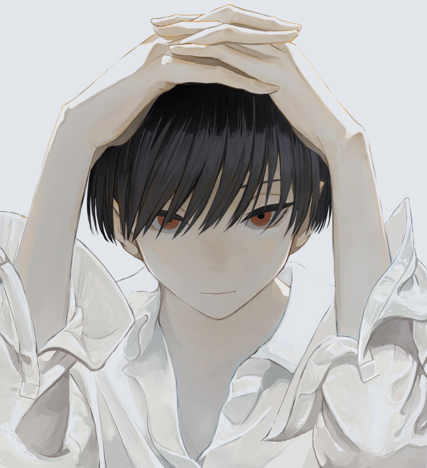1girl black_hair collarbone collared_shirt expressionless hands_clasped hands_on_own_head highres looking_at_viewer open_collar orange_eyes original own_hands_together shirt short_hair skkc_128 solo upper_body white_background white_shirt