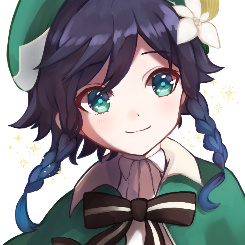 1boy androgynous bangs beret black_hair blue_hair blush bow braid cape closed_mouth collared_cape collared_shirt commentary_request eyebrows_visible_through_hair flower genshin_impact gradient_hair green_eyes green_headwear hair_flower hair_ornament hat highres leaf looking_to_the_side male_focus multicolored_hair shirt short_hair_with_long_locks simple_background smile solo sparkle twin_braids uzukiiro venti_(genshin_impact) white_background white_flower white_shirt