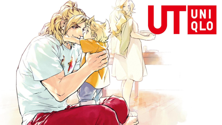 1girl 2boys barefoot blonde_hair child eliza_masters family father_and_son gouken high_ponytail highres holding holding_hair husband_and_wife ken_masters logo long_hair looking_at_another mel_masters mother_and_son multiple_boys official_art pants print_shirt red_pants ryu_(street_fighter) shirt sitting_on_floor street_fighter street_fighter_v table tagme tamio thick_eyebrows uniqlo white_shirt yellow_shirt
