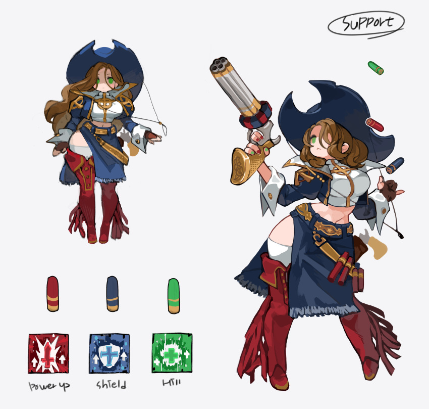 1girl absurdres blue_skirt boots breasts brown_gloves bullet cross fingerless_gloves gloves green_eyes grey_background gun hair_behind_ear hat highres holding holding_gun holding_weapon kkaebing long_hair looking_to_the_side looking_up medium_breasts multiple_views navel no_pupils original pirate pirate_hat red_footwear revolver shield skirt sword thigh-highs thigh_boots weapon