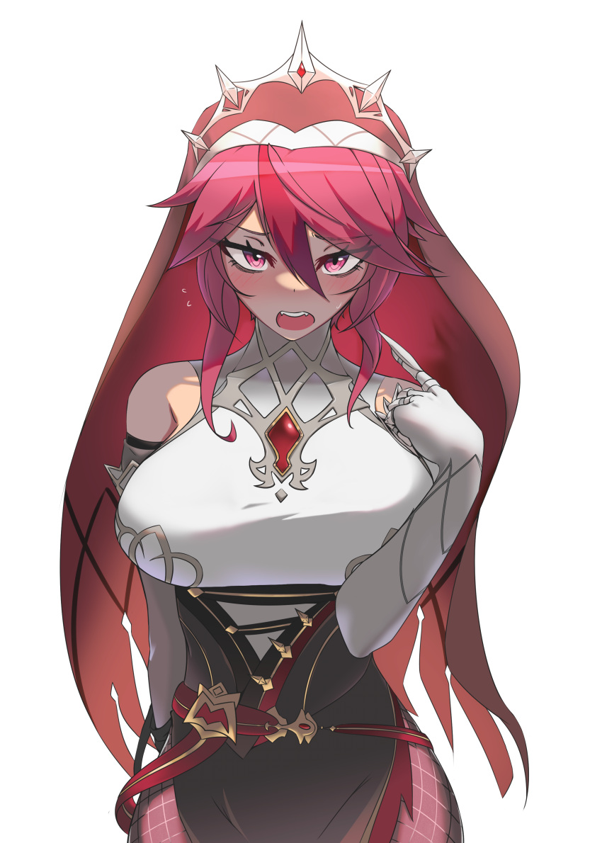 1girl absurdres bare_shoulders blush breasts claws elbow_gloves fishnet_legwear fishnets flustered genshin_impact gentlemanice gloves half-closed_eyes highres large_breasts looking_at_viewer nun open_mouth red_eyes redhead rosaria_(genshin_impact) short_hair sidelocks simple_background solo upper_teeth veil white_background white_gloves