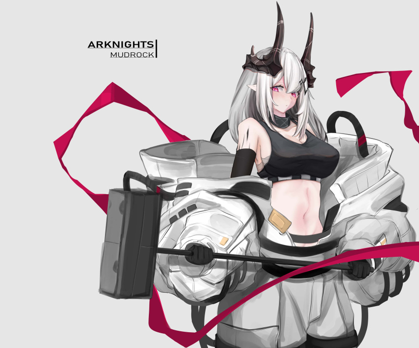 1girl absurdres arknights asumi_maboroshi bangs bare_shoulders black_gloves breasts character_name commentary copyright_name cowboy_shot crop_top gloves grey_background hammer highres holding holding_hammer holding_weapon horns large_breasts long_hair looking_at_viewer midriff mudrock_(arknights) navel off_shoulder oripathy_lesion_(arknights) pointy_ears red_eyes sarashi silver_hair simple_background solo sports_bra standing stomach weapon
