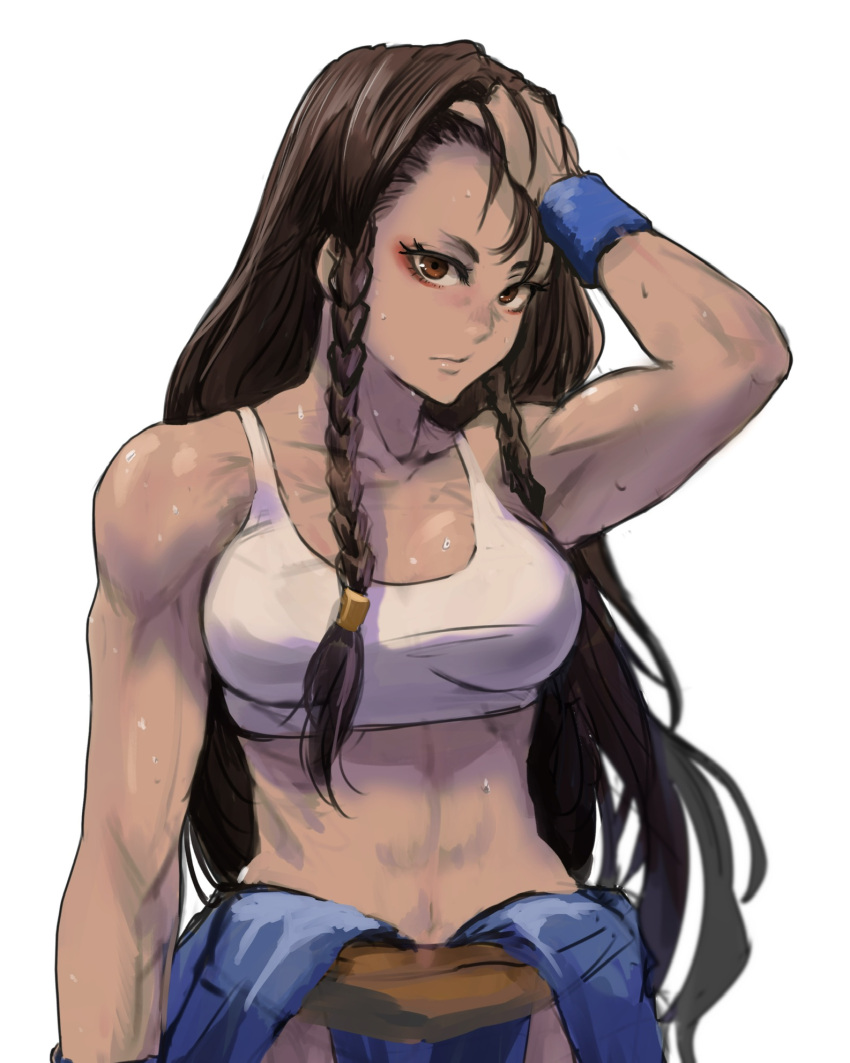 1girl 6maker abs alternate_hair_length alternate_hairstyle armpits belt braid breasts brown_eyes brown_hair chun-li clothes_around_waist eyeshadow hair_down hand_in_hair highres long_braid long_hair looking_at_viewer makeup medium_breasts midriff muscular muscular_female red_eyeshadow short_eyebrows side_braid solo sports_bra street_fighter sweat twin_braids very_long_hair white_background white_sports_bra wristband