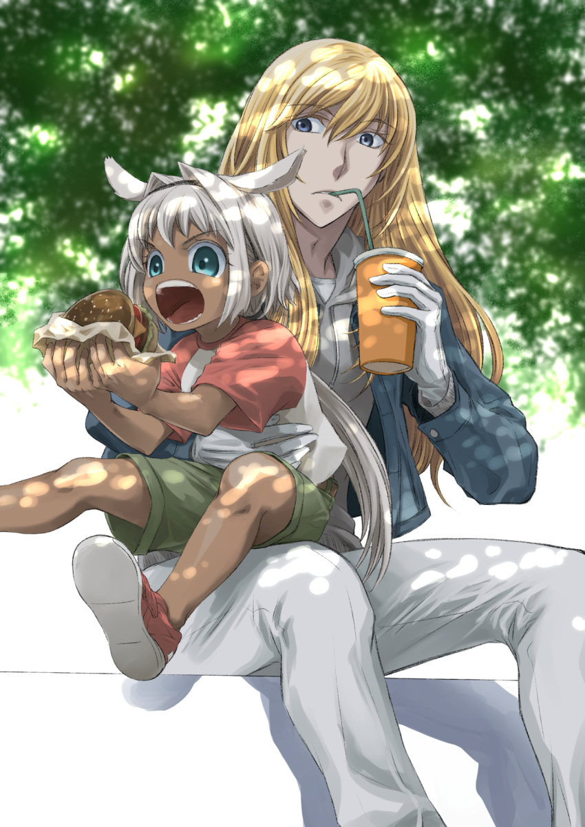 1boy age_difference bishounen blonde_hair blue_eyes caenis_(fate) cup dark_skin dark-skinned_female drinking_straw fate/grand_order fate_(series) food formal hair_intakes hamburger headband highres kirschtaria_wodime mamesuke_mame outdoors shirt shorts size_difference suit t-shirt tree white_hair white_suit