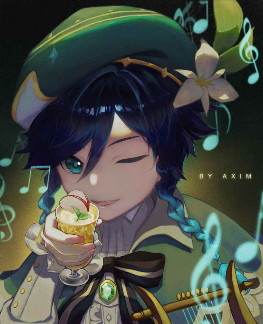 1boy alcohol androgynous apple_slice artist_name aximxi bangs beret black_hair blue_hair blurry blurry_foreground bow braid brooch cape collared_cape collared_shirt cup flower frilled_sleeves frills gem genshin_impact glass gradient gradient_background gradient_hair green_eyes green_headwear hat hat_flower highres holding holding_cup ice instrument jewelry leaf long_sleeves looking_at_viewer lyre male_focus multicolored_hair musical_note one_eye_closed open_mouth shirt short_hair_with_long_locks simple_background smile solo twin_braids venti_(genshin_impact) white_flower white_shirt
