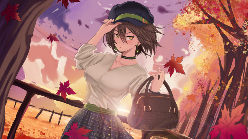 1girl alternate_costume autumn autumn_leaves azur_lane bag baltimore_(azur_lane) black_bag black_headwear black_skirt breasts brown_hair casual dutch_angle earrings echo_destiny hair_between_eyes highres holding holding_bag jewelry leaf looking_at_viewer maple_leaf medium_breasts medium_hair plaid plaid_skirt skirt solo sunset sweater white_sweater yellow_eyes