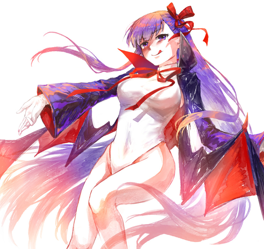 1girl bb_(fate)_(all) bb_(swimsuit_mooncancer)_(fate) black_coat breasts coat commentary_request fate/grand_order fate_(series) gloves hair_ribbon highleg highleg_leotard highres leotard long_hair medium_breasts popped_collar purple_hair red_ribbon ribbon simple_background solo tongue tongue_out vesta_(delaurant02) violet_eyes white_background white_gloves white_leotard