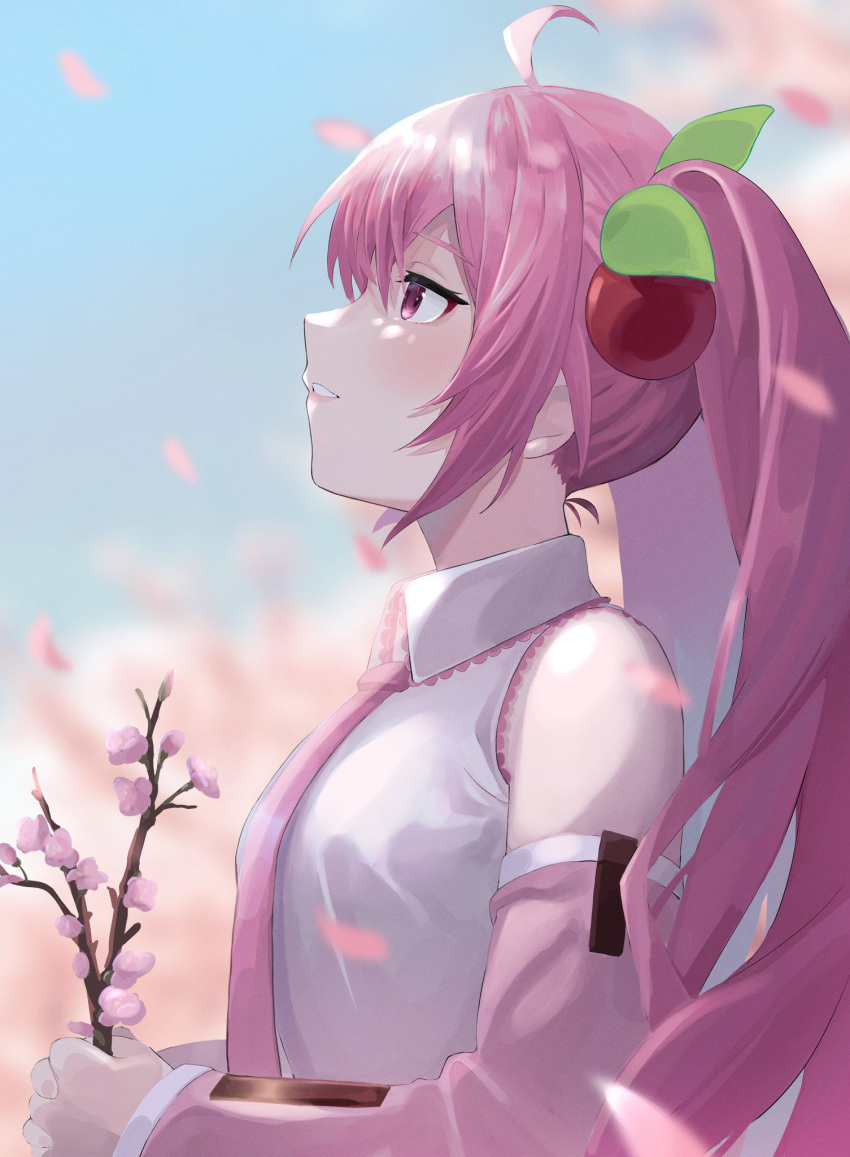 1girl ahoge benjamin4679 collared_shirt day detached_sleeves from_side grin hair_between_eyes hair_ornament hatsune_miku highres holding long_hair long_sleeves looking_up outdoors petals pink_eyes pink_hair pink_neckwear pink_sleeves sakura_miku shirt sleeveless sleeveless_shirt smile solo twintails upper_body very_long_hair vocaloid white_shirt wing_collar