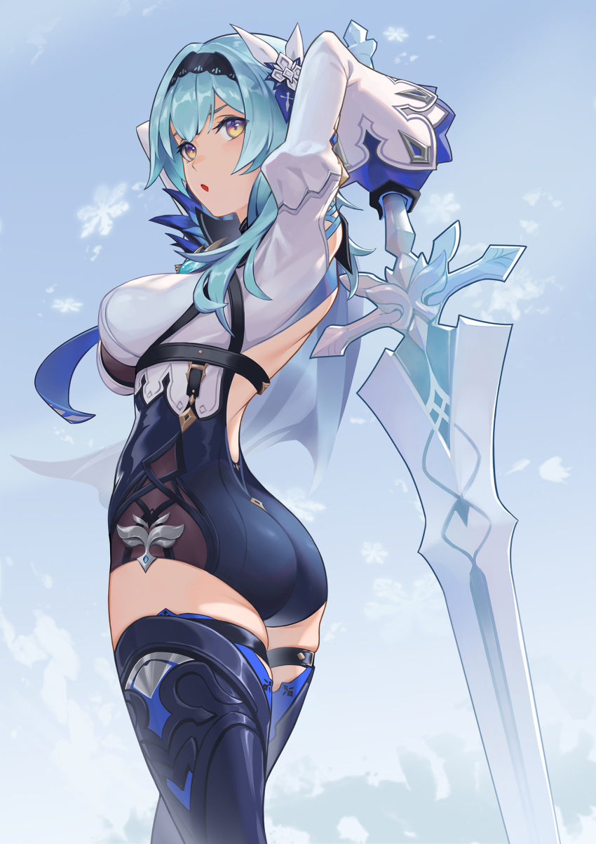 1girl :o arms_up ass backless_leotard black_gloves blue_hair blue_legwear breasts eula_(genshin_impact) from_side genshin_impact gloves hair_ornament hairband highres jrajazon leotard long_sleeves looking_at_viewer looking_back medium_breasts snowflakes solo stance standing thigh-highs yellow_eyes