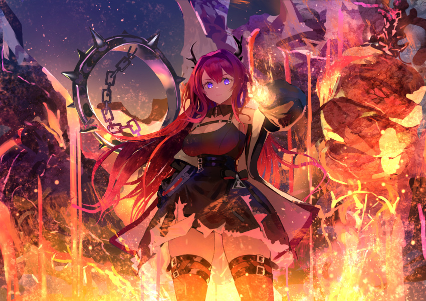 arknights bannnouyakunta bare_shoulders collar demon demon_girl demon_horns dress highres horns jacket long_hair looking_at_viewer molten_rock redhead spiked_collar spikes surtr_(arknights) thigh-highs violet_eyes