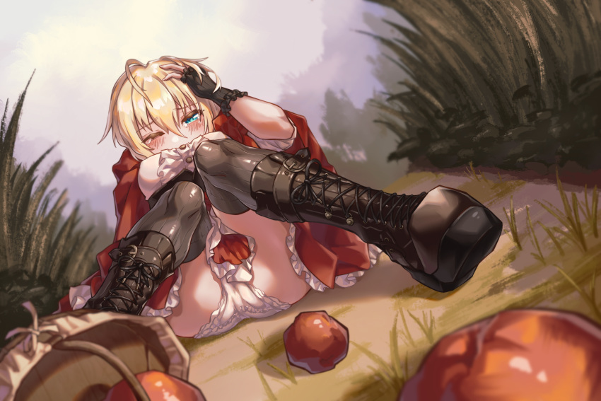 1girl absurdres ahoge apple basket blonde_hair blue_eyes blush boots cross-laced_footwear dress eyebrows_visible_through_hair fingerless_gloves food frilled_dress frills fruit gloves grass guanhe hair_between_eyes highres huge_filesize knee_boots lace-up_boots little_red_riding_hood little_red_riding_hood_(grimm) looking_at_viewer one_eye_closed panties red_dress sitting solo thigh-highs thighhighs_under_boots underwear