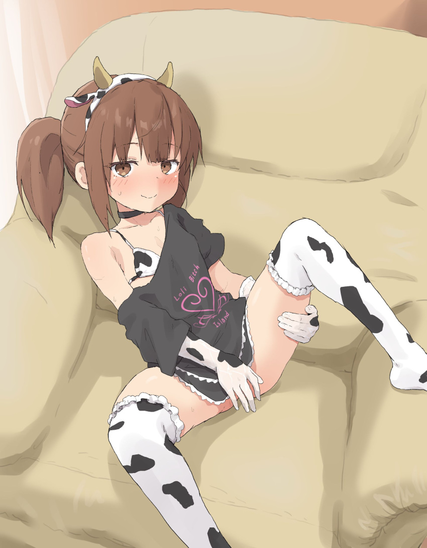 1girl absurdres animal_ears animal_print armchair bangs bikini bikini_under_clothes black_shirt blush brown_eyes brown_hair chair closed_mouth cow_ears cow_horns cow_print elbow_gloves eyebrows_visible_through_hair fake_animal_ears fake_horns frilled_legwear gloves hairband highres horns looking_at_viewer off_shoulder on_chair original print_bikini print_gloves print_hairband print_legwear shirt short_sleeves smile solo spread_legs sweat swimsuit thigh-highs twintails white_bikini white_gloves white_legwear yakihebi yakihebi's_brown_haired_loli