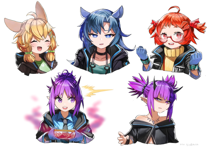 5girls :d ^_^ absurdres ahoge animal_ears arknights bare_shoulders beagle_(arknights) black_choker black_jacket black_shirt blonde_hair blue_eyes blue_gloves blue_hair blue_shirt blush bow choker closed_eyes commentary_request cropped_torso fang_(arknights) glasses gloves green_bow green_shirt hair_bow hands_up hibiscus_(arknights) highres holding horns horse_ears huge_filesize jacket kroos_(arknights) lava_(arknights) long_hair looking_at_another looking_at_viewer multiple_girls necktie off-shoulder_shirt off_shoulder open_clothes open_jacket open_mouth orange_hair pointy_ears purple_hair rabbit_ears red-framed_eyewear sahara_(shr_ssk) shirt short_hair siblings simple_background sisters smile sweater turtleneck turtleneck_sweater twintails upper_body white_background yellow_sweater