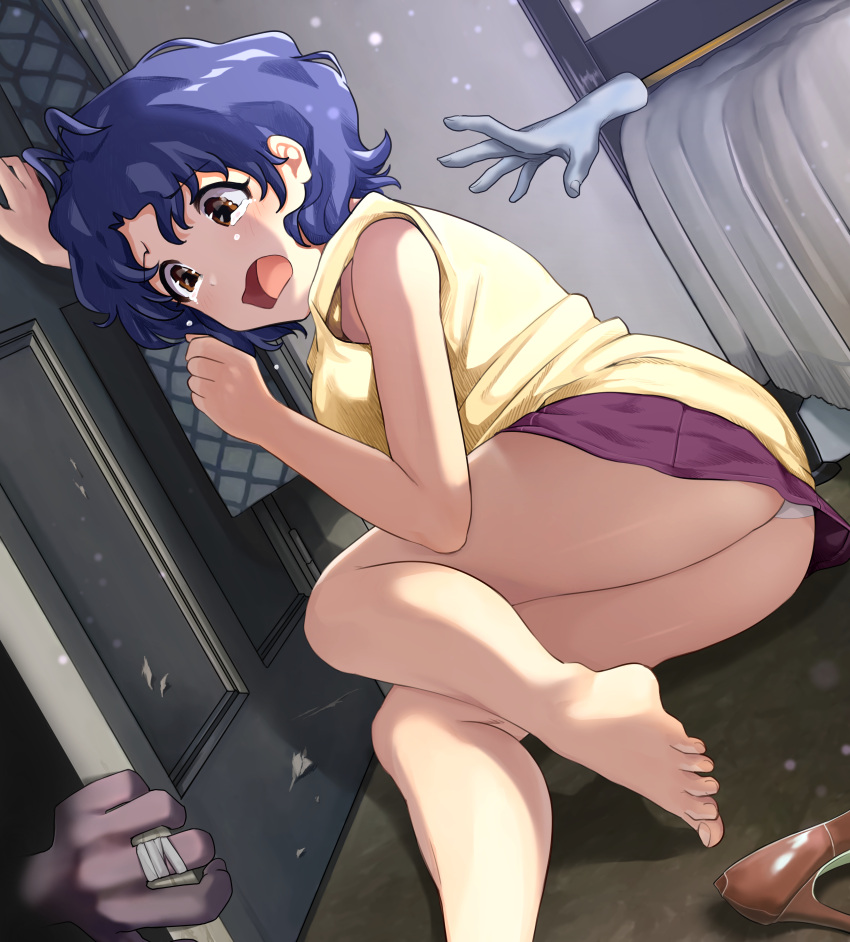 :o absurdres antenna_hair bangs bare_arms bare_legs barefoot bed bed_sheet blue_hair brown_eyes brown_footwear crying crying_with_eyes_open door dust_particles hanamasa_ono hands high_heels highres idolmaster idolmaster_million_live! indoors light_blush open_mouth panties pantyshot purple_skirt scared shirt short_hair short_sleeves sitting skirt solo tears toyokawa_fuuka underwear upskirt white_panties yellow_shirt yokozuwari