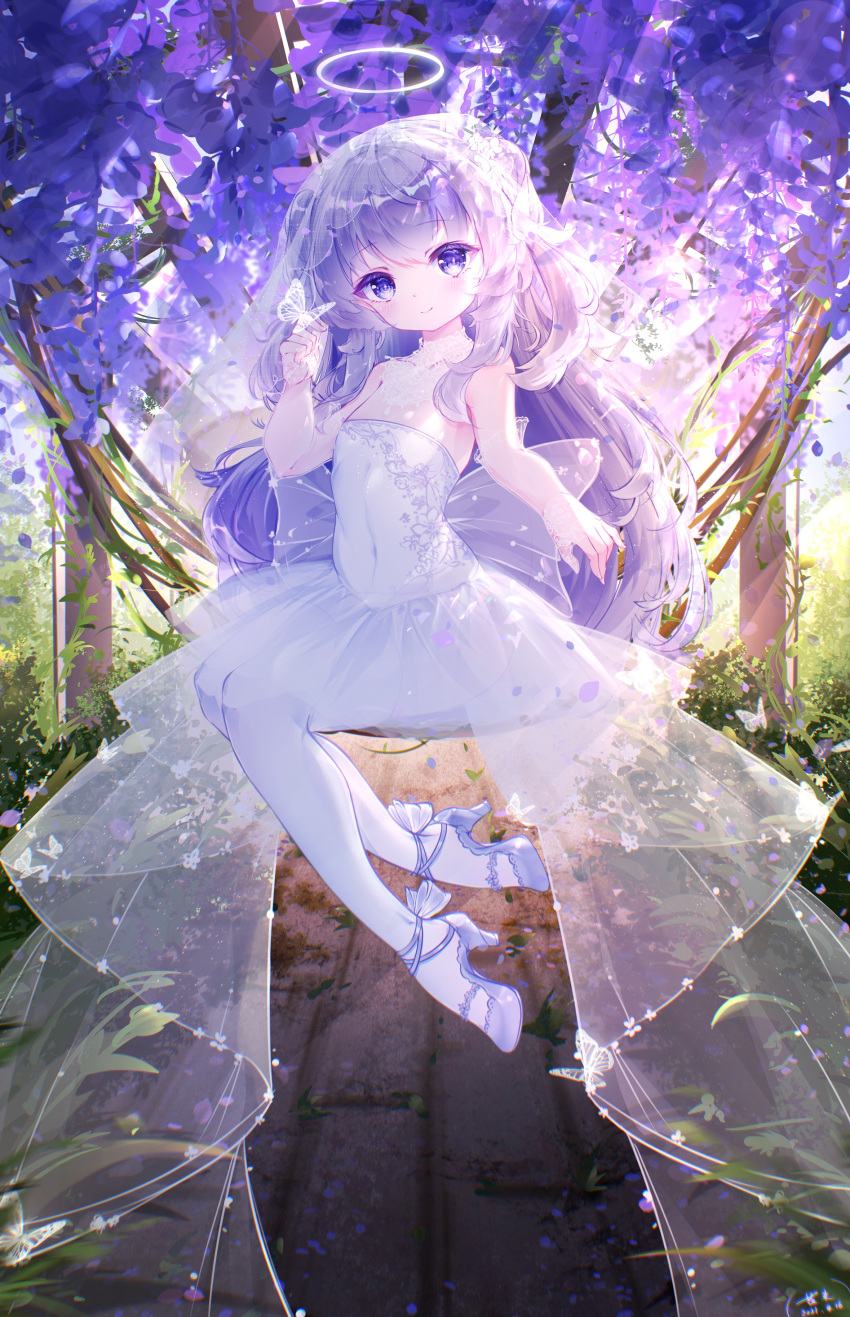 1girl absurdres blue_eyes bride bug butterfly covered_navel dress flat_chest gloves halo hanajiang high_heels highres indie_virtual_youtuber insect long_hair looking_at_viewer outdoors pantyhose purple_hair see-through shanoa_(vtuber) shoes short_dress sitting smile solo strapless strapless_dress two_side_up veil virtual_youtuber wedding_dress white_dress white_footwear white_legwear