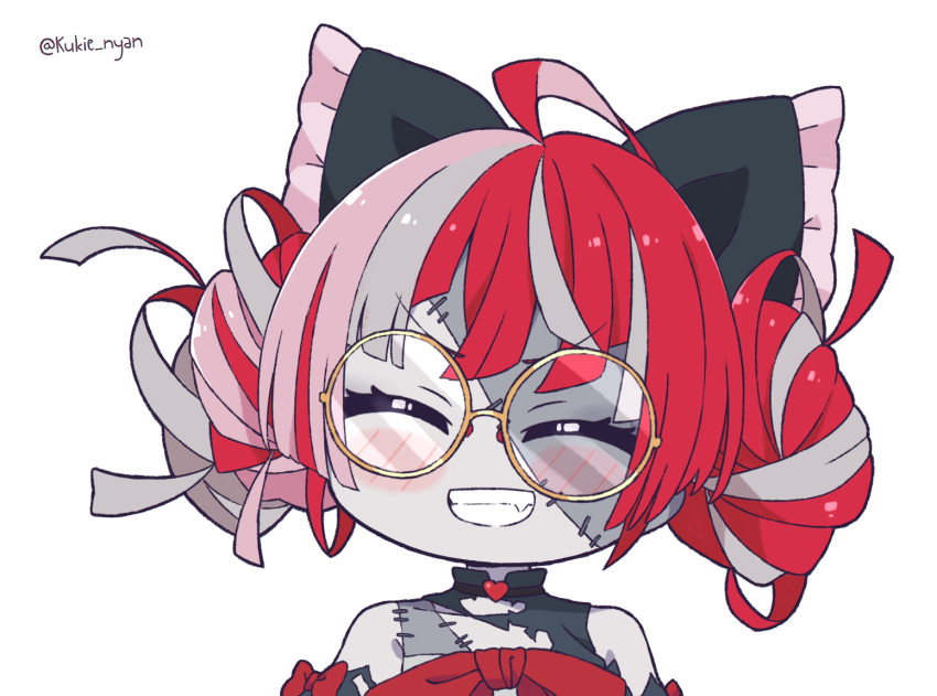 1girl ahoge bare_shoulders blush_stickers bow chibi closed_eyes double_bun glasses grey_hair grin hair_bow hololive hololive_indonesia kukie-nyan kureiji_ollie multicolored_hair patchwork_skin pink_hair red_eyes round_eyewear smile solo torn_clothes twitter_username virtual_youtuber zombie