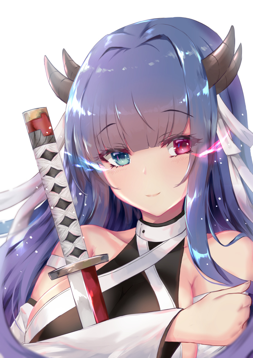 1girl absurdres azur_lane bangs bare_shoulders black_shirt blue_eyes blue_hair blunt_bangs bow collarbone commentary_request detached_sleeves eyebrows_visible_through_hair glowing glowing_eyes grabbing_own_arm habu_rin hair_bow heterochromia highres horns ibuki_(azur_lane) katana long_hair looking_at_viewer ribbon shirt simple_background skin_tight smile solo sword violet_eyes weapon white_background white_ribbon white_sleeves wide_sleeves