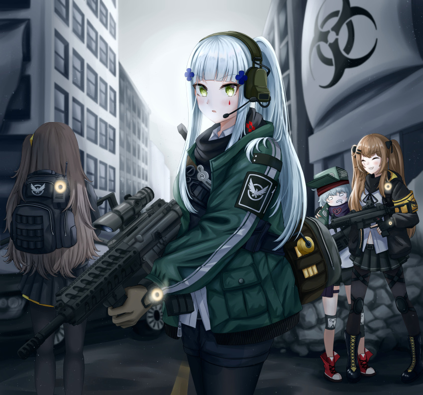 404_(girls_frontline) 4girls absurdres agent_416_(girls_frontline) assault_rifle back backpack bag bangs black_gloves black_jacket black_legwear black_shorts black_skirt blue_hair blush brown_gloves brown_hair closed_eyes closed_mouth daisy_cutter eyebrows_visible_through_hair fingerless_gloves g11_(girls_frontline) girls_frontline gloves green_eyes green_jacket grey_hair gun h&amp;k_g11 h&amp;k_hk416 h&amp;k_ump headphones highres hk416_(girls_frontline) holding holding_weapon jacket light_brown_hair long_hair looking_at_viewer multiple_girls navel pantyhose rifle saliva scarf shirt shorts simple_background skirt smile standing submachine_gun tom_clancy's_the_division_2 twintails ump45_(girls_frontline) ump9_(girls_frontline) weapon white_shirt