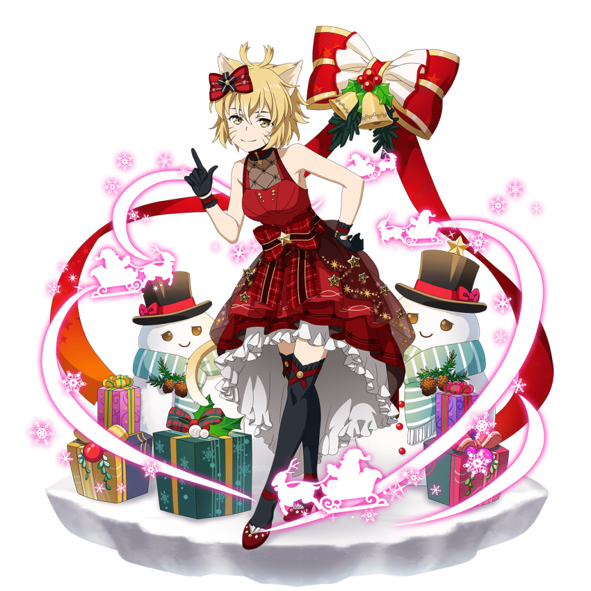 1girl animal_ears argo_the_rat black_gloves black_legwear blonde_hair box cat_ears closed_mouth dress facial_mark faux_figurine full_body gift gift_box gloves hand_on_hip highres looking_at_viewer official_art red_dress shiny shiny_hair short_hair sleeveless sleeveless_dress slit_pupils smile solo standing sword_art_online sword_art_online:_memory_defrag thigh-highs transparent_background yellow_eyes zettai_ryouiki