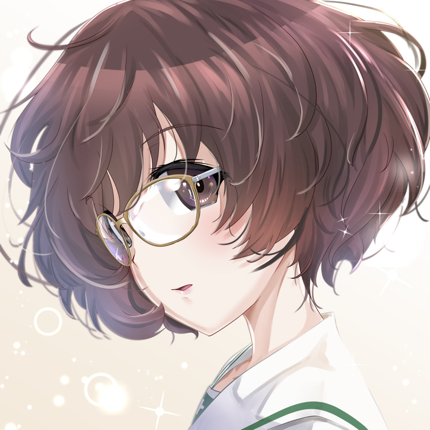 1girl absurdres akiyama_yukari bangs bespectacled blouse brown-framed_eyewear brown_eyes brown_hair commentary excel_(shena) eyebrows_visible_through_hair face from_side girls_und_panzer glasses highres looking_at_viewer messy_hair ooarai_school_uniform parted_lips school_uniform serafuku short_hair solo sparkle white_blouse