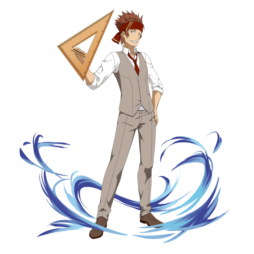 1boy bandana brown_footwear brown_hair collared_shirt grey_pants grey_vest hand_on_hip highres holding klein long_sleeves male_focus necktie official_art pants red_neckwear shirt short_hair solo spiky_hair standing sword_art_online sword_art_online:_memory_defrag transparent_background vest white_shirt wing_collar