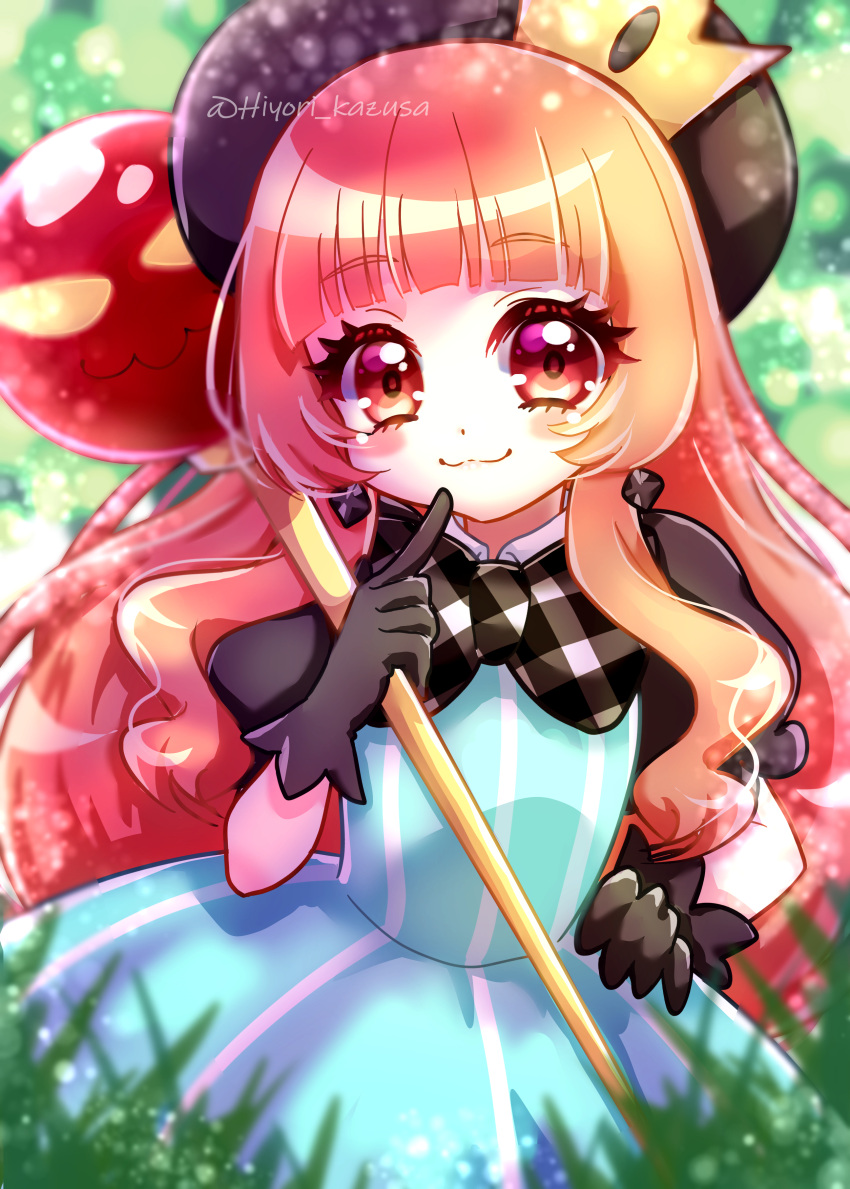 1girl :3 absurdres akumu aqua_dress bangs beret black_gloves black_headwear black_sleeves blunt_bangs blurry blurry_background blush close-up closed_mouth commentary_request crown depth_of_field dress earrings eyes_visible_through_hair gloves gradient_hair grass hair_over_shoulder hand_on_hip hat highres holding holding_staff index_finger_raised jewelry kazusa_hiyori light_particles long_hair looking_at_viewer mewkledreamy mexkledreamy_mix! mini_crown multicolored_hair orange_hair outdoors pointing pointing_at_self puffy_short_sleeves puffy_sleeves red_eyes short_sleeves smile solo staff striped striped_dress twitter_username upper_body wavy_hair white_stripes