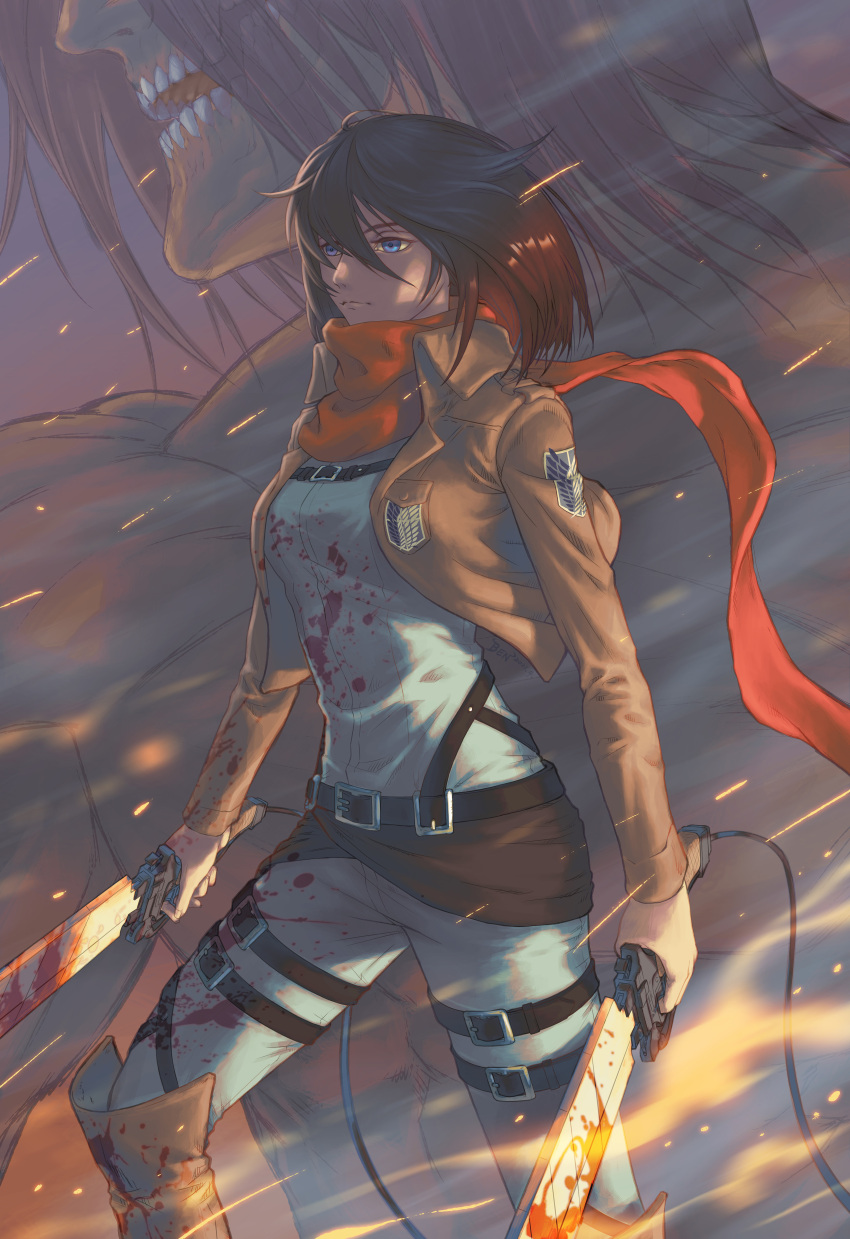 1girl absurdres bangs bensonwu blood bloody_weapon blue_eyes breasts brown_hair brown_jacket closed_mouth dress_shirt dual_wielding frown giant hair_between_eyes highres holding holding_sword holding_weapon jacket long_sleeves medium_breasts medium_hair mikasa_ackerman open_clothes open_jacket pants paradis_military_uniform red_scarf scarf shingeki_no_kyojin shiny shiny_hair shirt sword three-dimensional_maneuver_gear weapon white_pants white_shirt