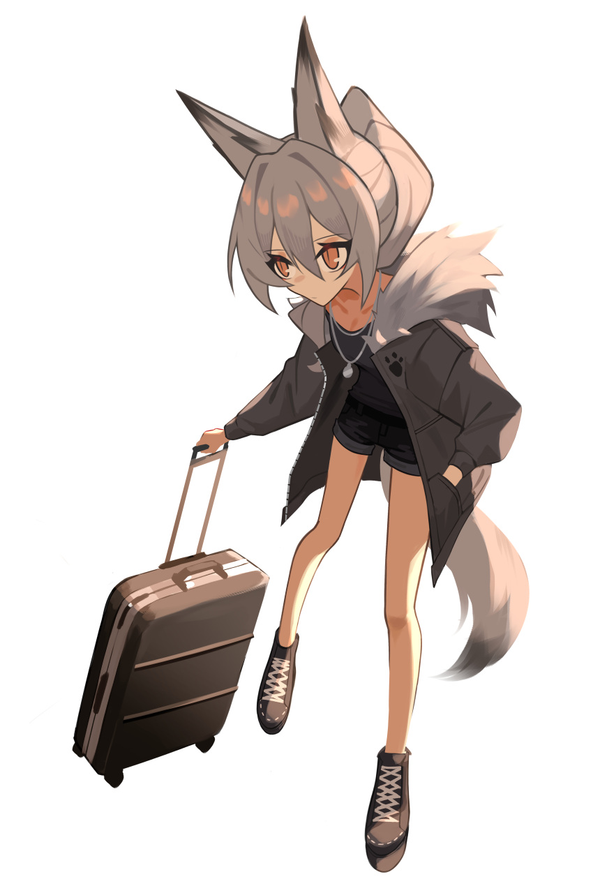 1girl absurdres animal_ears bangs black_footwear black_shirt black_shorts brown_eyes fenrir_(ghost_(tama)) from_above fur_trim ghost_(tama) grey_hair grey_jacket hair_between_eyes hand_in_pocket highres jacket original shirt shorts solo suitcase tail white_background wolf_ears wolf_girl wolf_tail