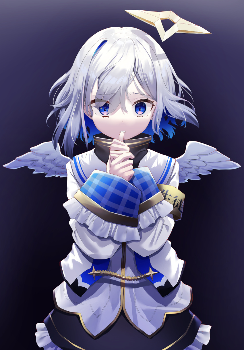 1girl amane_kanata bangs baseball_bat black_skirt blue_eyes blue_hair eyebrows_visible_through_hair eyes_visible_through_hair feathered_wings frilled_skirt frills grey_hair hair_intakes hair_over_one_eye hands_up highres hololive jacket k_mugura long_sleeves mini_wings multicolored_hair nail nail_bat parted_lips plaid skirt sleeves_past_wrists solo two-tone_hair virtual_youtuber white_jacket white_wings wide_sleeves wings