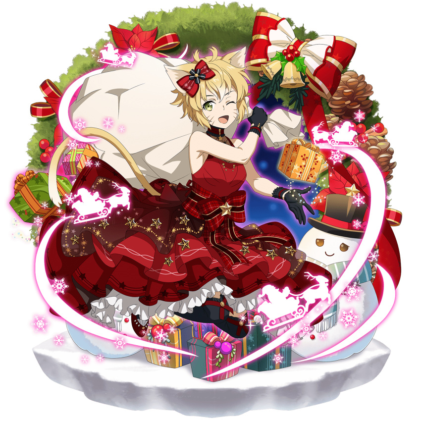 1girl ;d animal_ears argo_the_rat black_gloves black_legwear blonde_hair bow box cat_ears cat_tail dress facial_mark full_body gift gift_bag gift_box gloves hair_bow highres holding holding_box layered_dress looking_at_viewer official_art one_eye_closed open_mouth red_bow red_dress shiny shiny_hair short_hair sleeveless sleeveless_dress smile solo sword_art_online sword_art_online:_memory_defrag tail thigh-highs transparent_background yellow_eyes