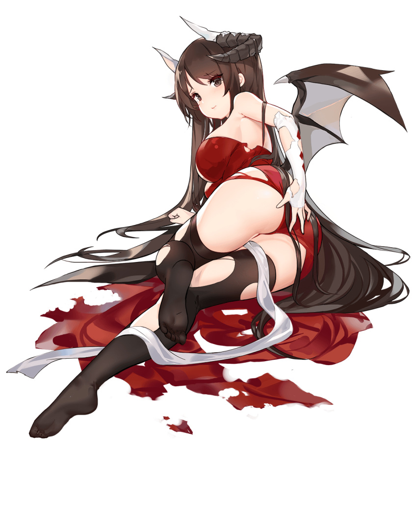 1girl ass black_legwear breasts brown_eyes brown_hair demon_girl dress elbow_gloves fingerless_gloves from_behind full_body gloves highres horns kincora large_breasts looking_at_viewer looking_back lying no_shoes noah_fantasy official_art red_dress simple_background solo thigh-highs torn_clothes torn_gloves torn_legwear transparent_background white_gloves wings