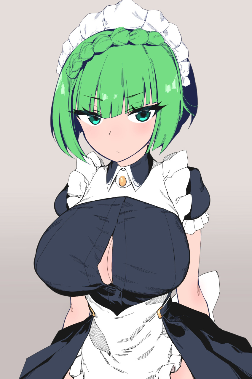 1girl absurdres annoyed apron bangs beige_background black_shirt black_skirt braid breasts button_gap crown_braid eyebrows_visible_through_hair green_hair highres kinbakuman large_breasts looking_at_viewer maid maid_apron maid_headdress original shirt short_hair skirt solo v-shaped_eyebrows