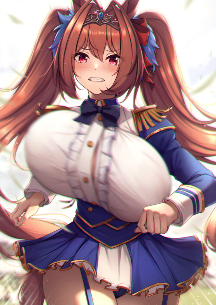 1girl animal_ears bangs blush breasts brown_hair button_gap chromatic_aberration clenched_teeth commentary_request daiwa_scarlet_(umamusume) dress epaulettes hair_intakes highres horse_ears horse_girl horse_tail huge_breasts long_hair long_sleeves looking_at_viewer motion_blur paintcan red_eyes revision tail teeth tiara twintails umamusume unaligned_breasts very_long_hair