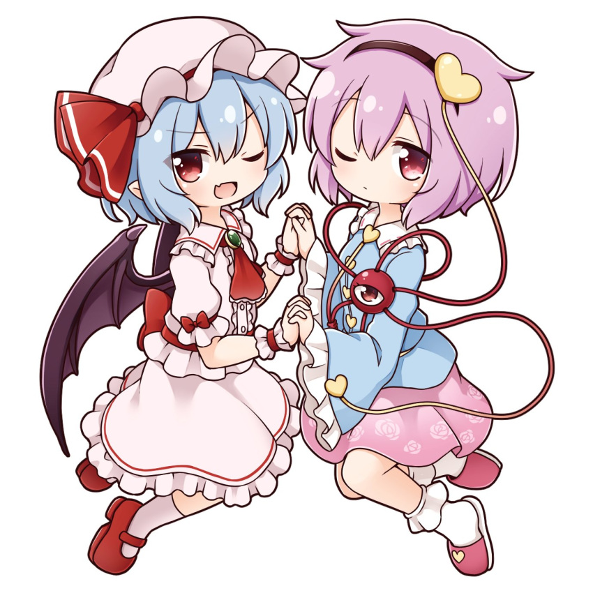 2girls blue_hair blue_shirt commentary_request demon_wings eyebrows_visible_through_hair from_side full_body hairband highres holding_hands komeiji_satori mary_janes multiple_girls one_eye_closed open_mouth pink_footwear pink_skirt pointy_ears purple_hair red_eyes red_footwear remilia_scarlet shirt shoes short_hair simple_background skirt slippers smile socks suwa_yasai third_eye touhou white_background white_footwear white_headwear white_shirt white_skirt wings